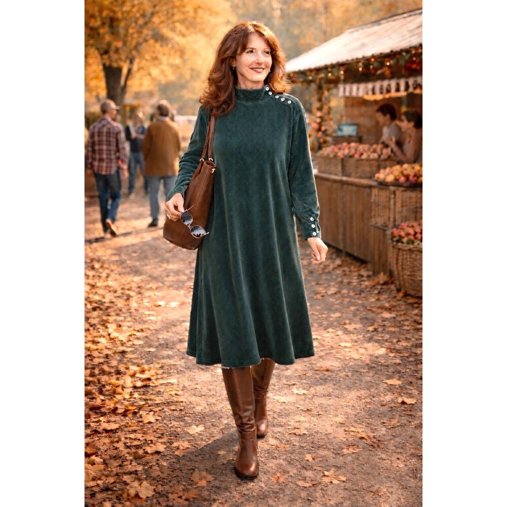 Liz Claiborne Casual Dress Plus Sz 1X Long Sleeve Mock Green Velveteen Corduroy